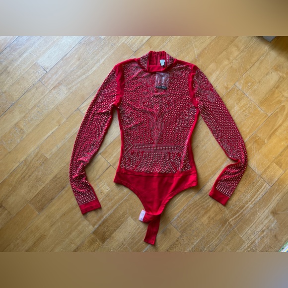 Tops - Red See-through Studded Bodysuit